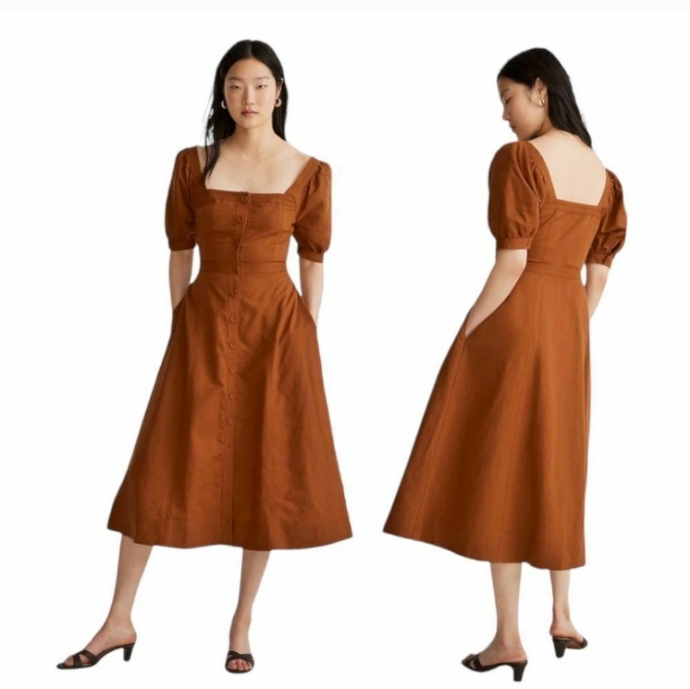 Madewell Seamed Puff Sleeve Button Down Midi Dress in Brown Warm Coffee